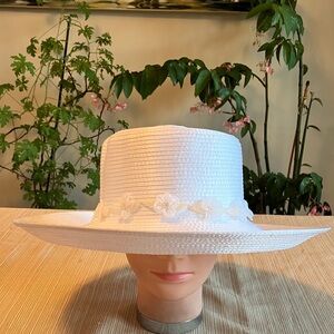 Chic White Satin Ribbon Women's Hat with White Beaded Floral Detail